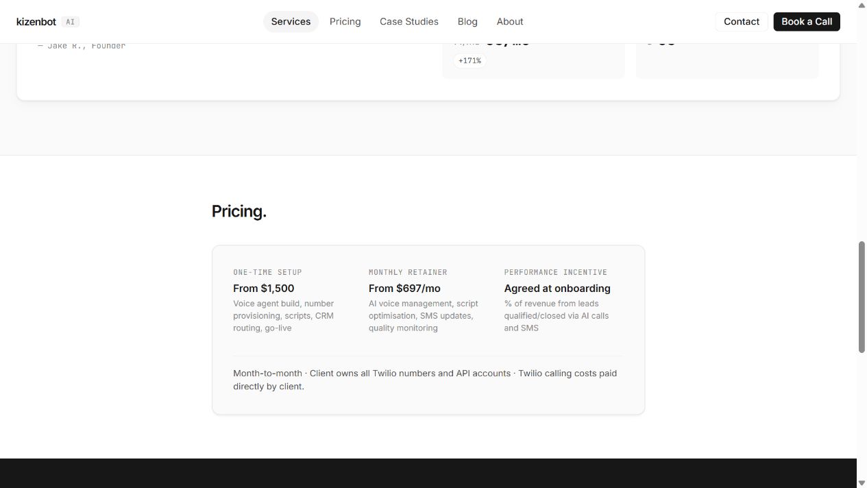 Competitor Kizenbot published pricing, captured September 30, 2026
